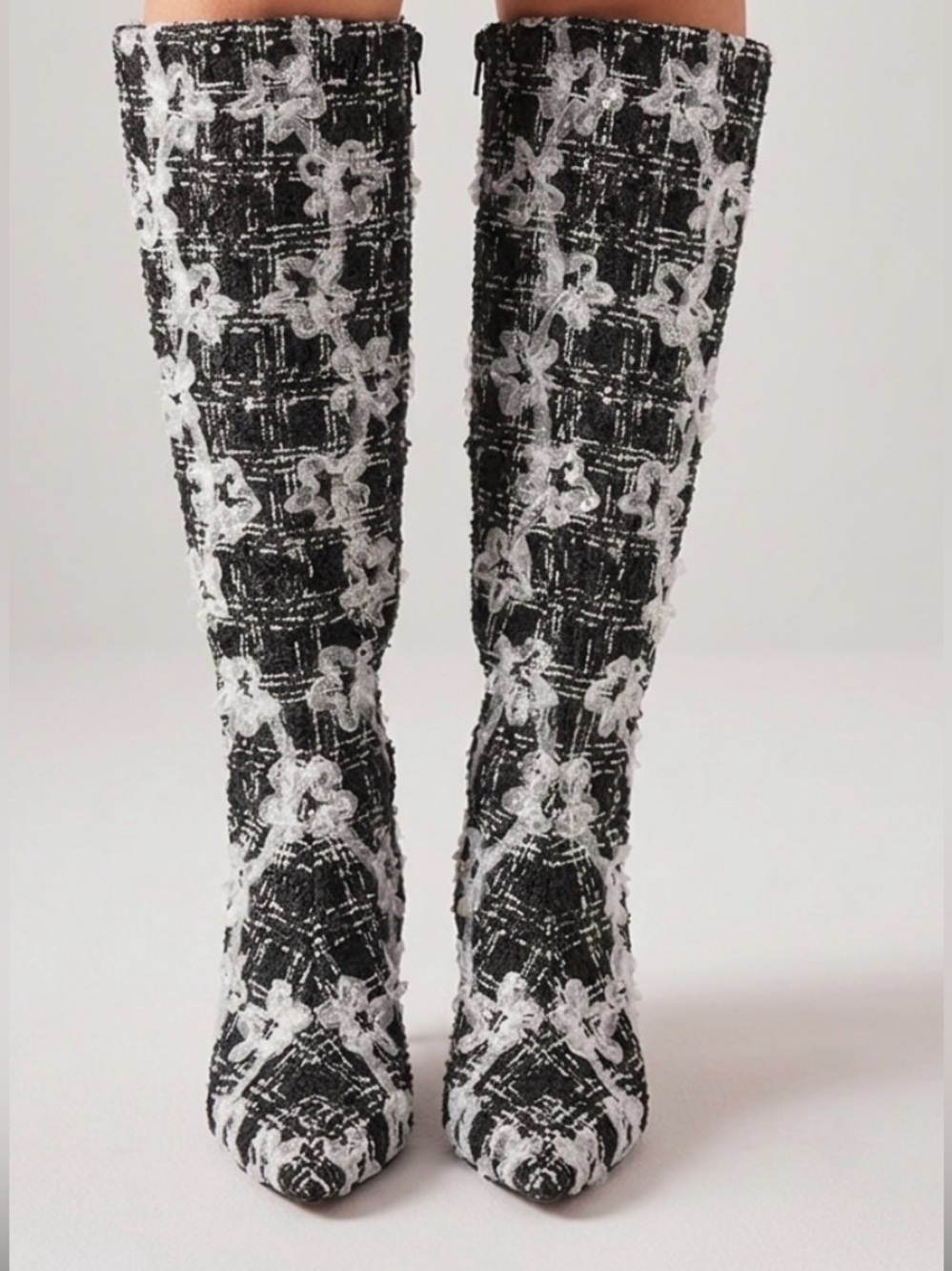 Betsey Johnson Black and White Tweed Knee Boots